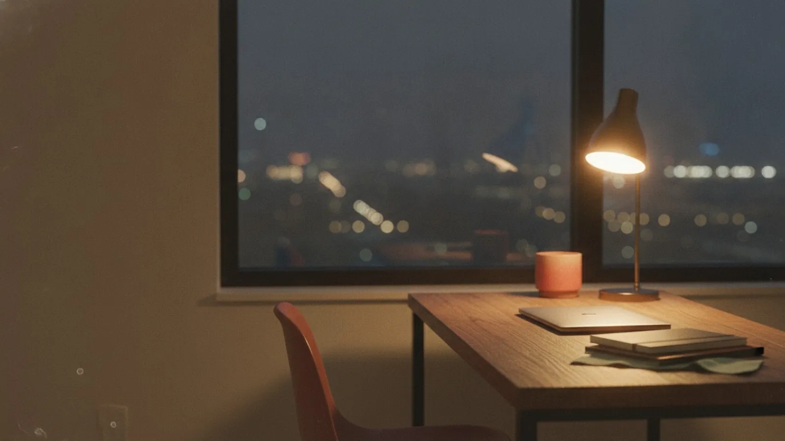 A quiet office at night with a closed laptop on the desk and a lamp glowing beside a window full of town lights.