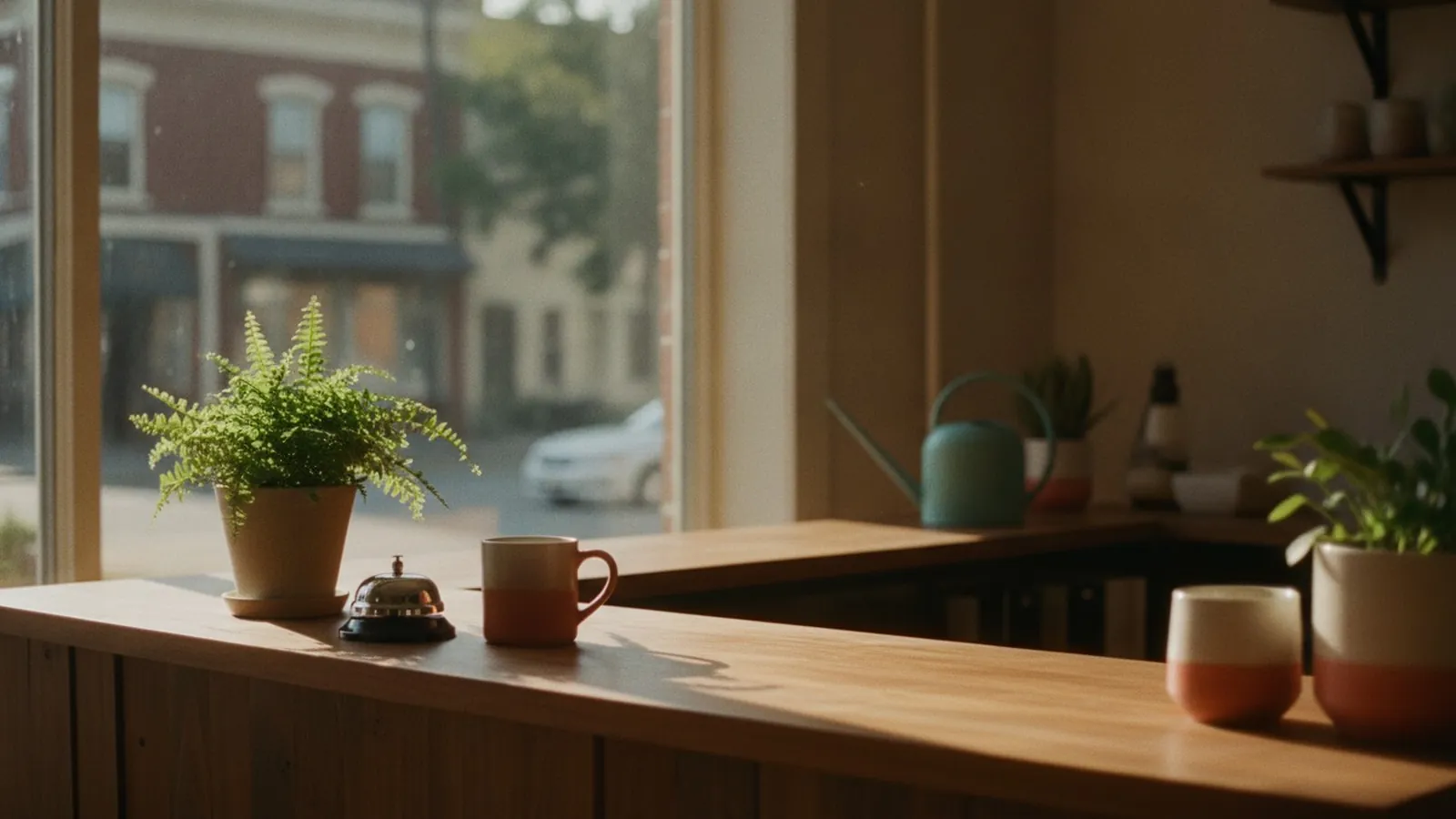 A wooden service counter in a small shop with a desk bell, a coffee mug and a plant in warm window light.