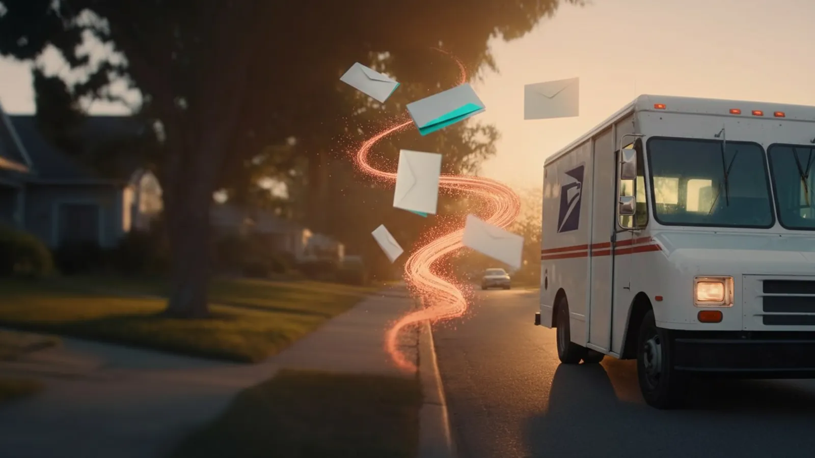 A mail truck on a neighborhood street at sunset with letters swirling through the air toward it.