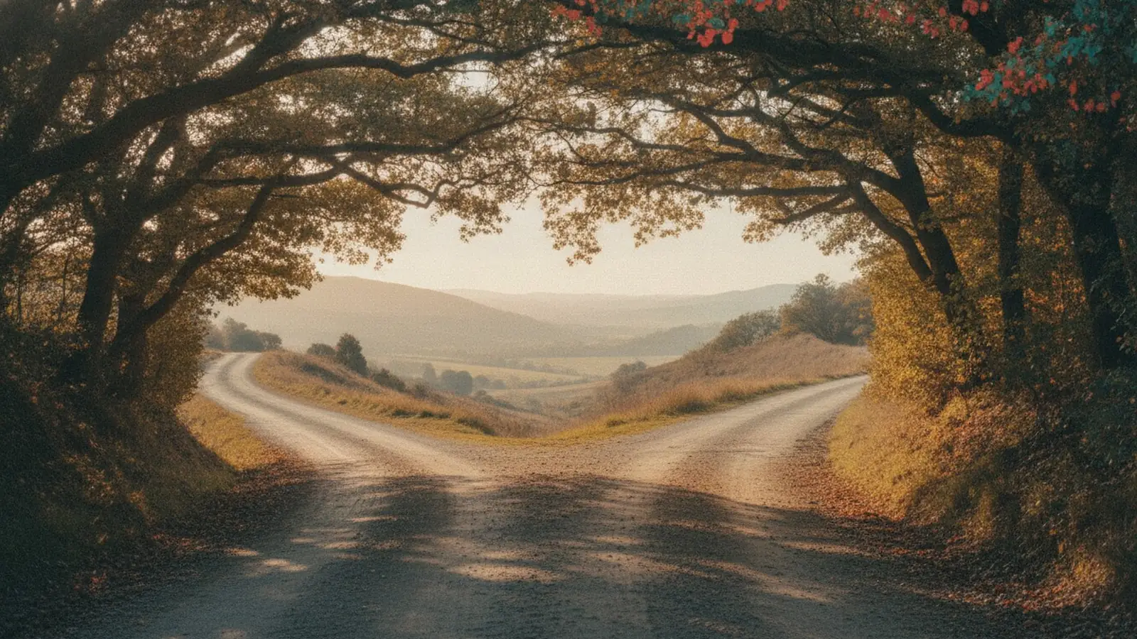 A country road that splits into two paths under an arch of autumn trees.