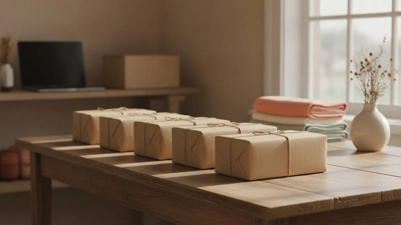 A neat row of kraft paper shipping parcels tied with twine on a wooden table by a sunny window.