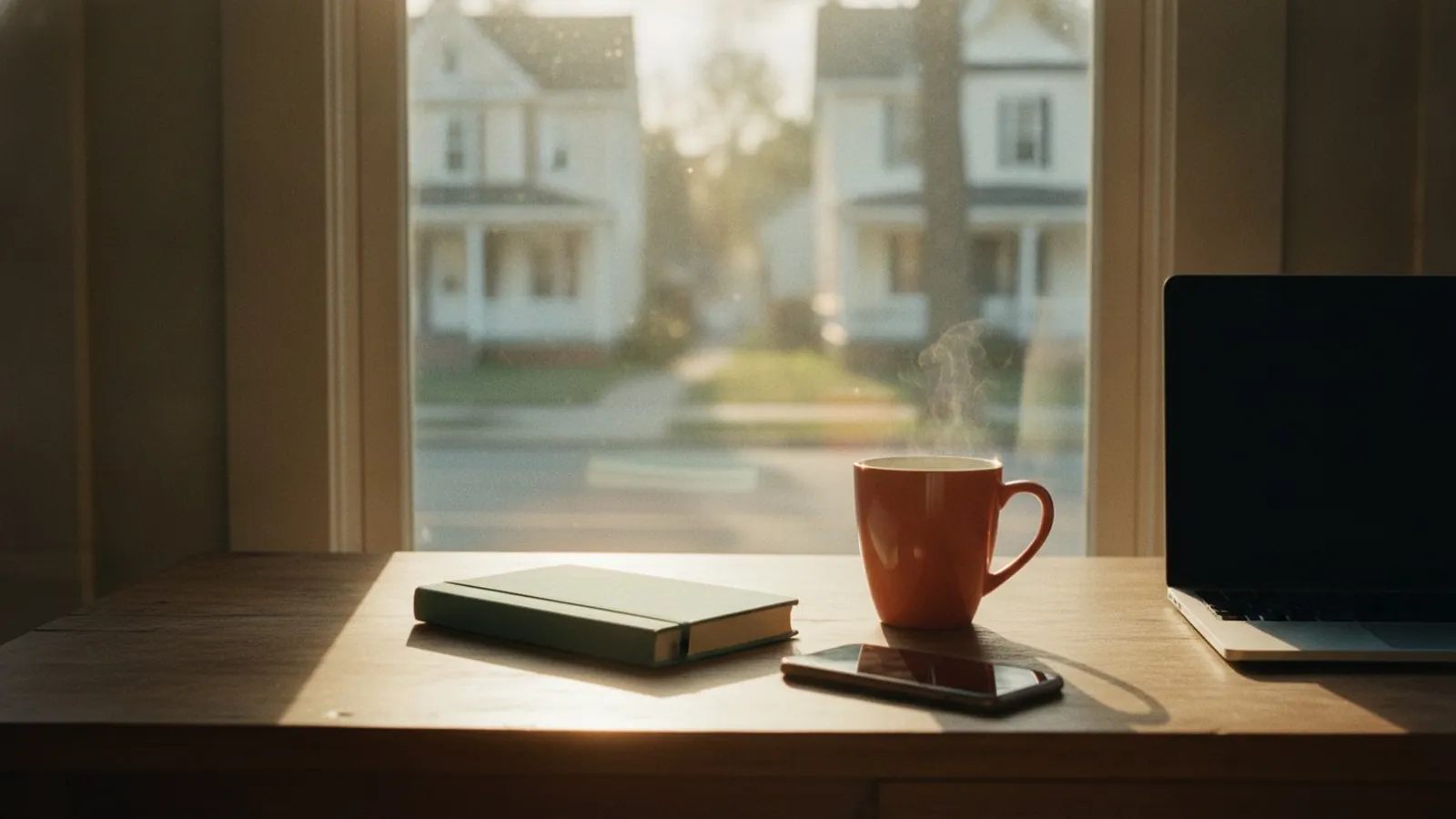 A wooden desk by a sunny window with a phone lying face down, a closed notebook and a coffee mug.
