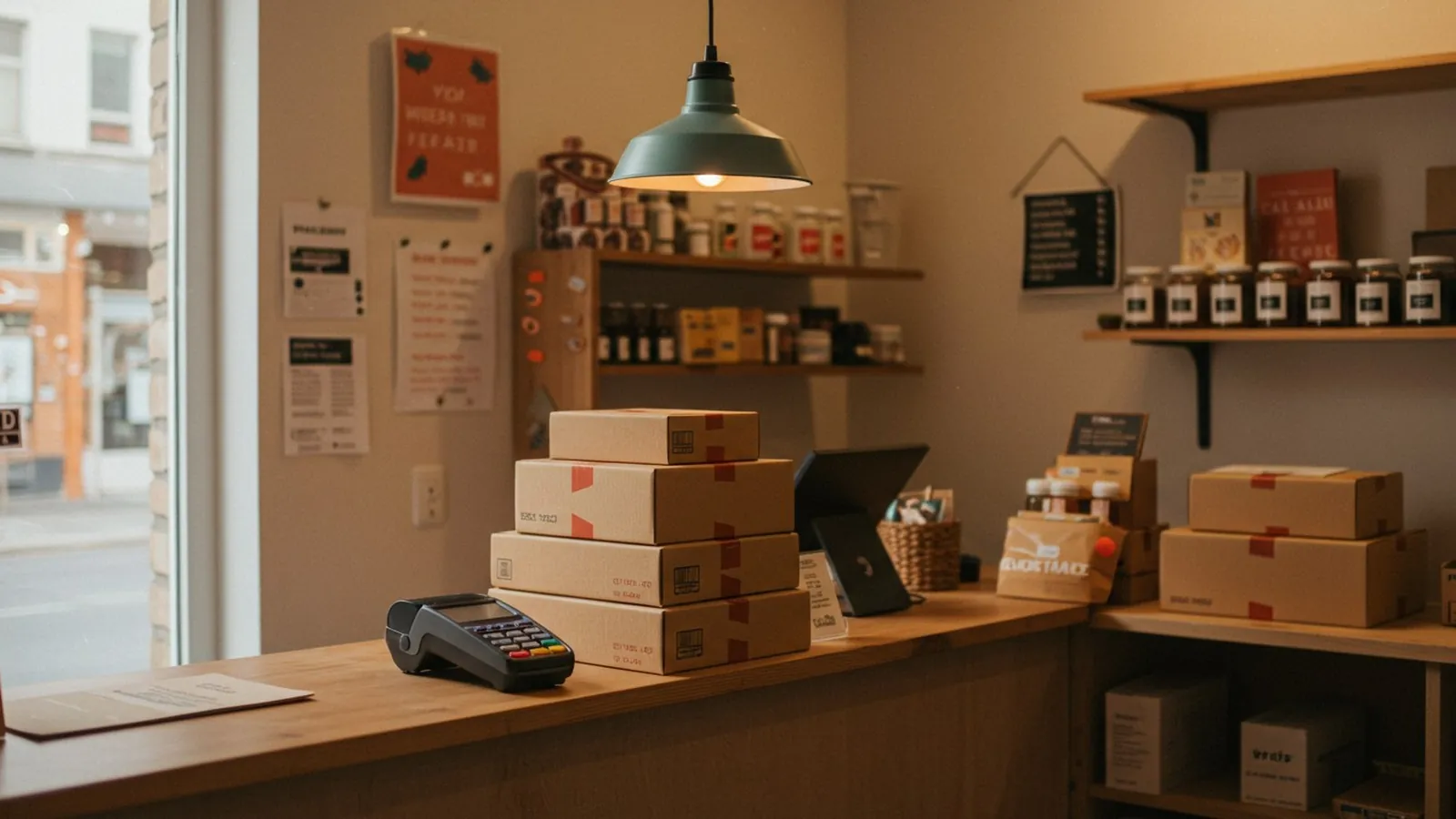 A small shop counter stacked with shipping boxes beside a card reader, ready for orders.