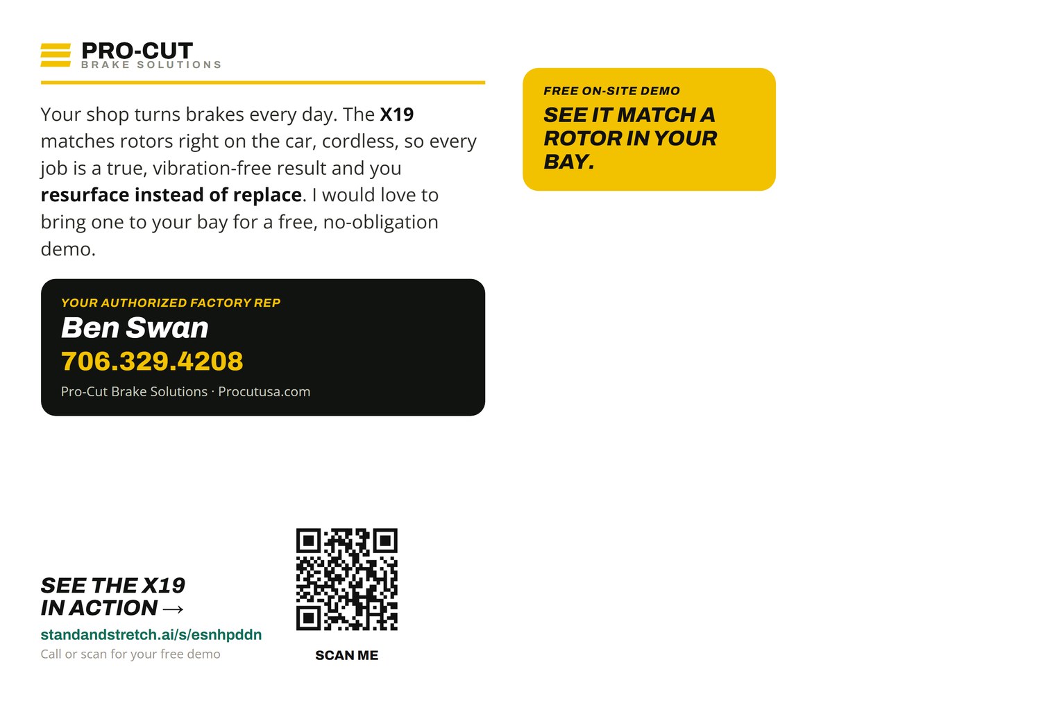 The back of the Pro-Cut postcard with a personal note and a tracked QR code