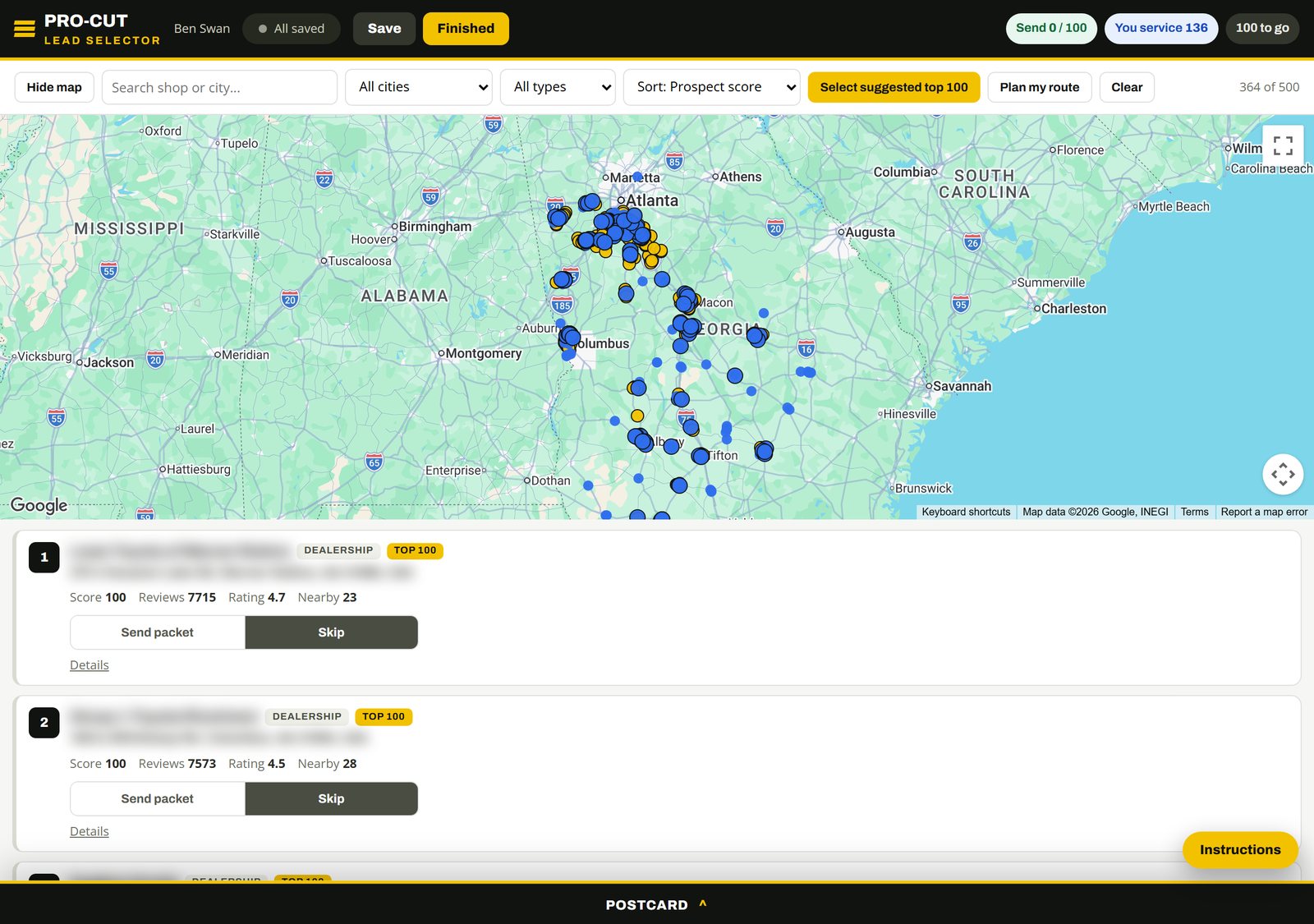 A live map of scored auto-shop prospects with a ranked list underneath