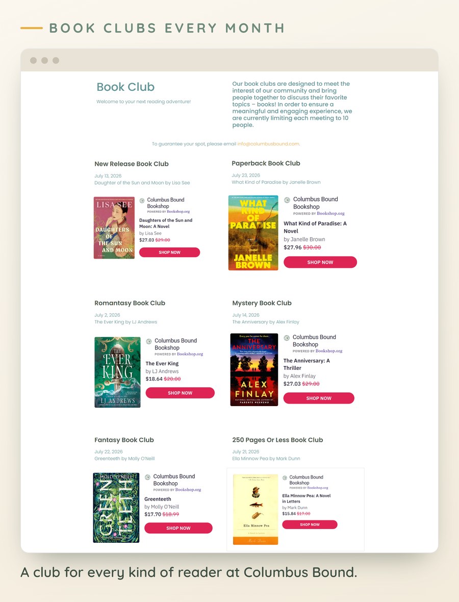 Columbus Bound Bookshop's monthly book clubs, from New Release to Mystery to 250 Pages or Less